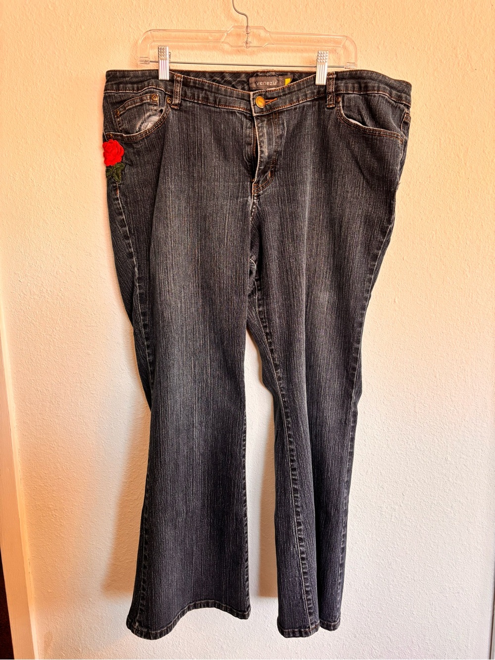 Breezies Black Flared Jeans with Red Rose Embroidery